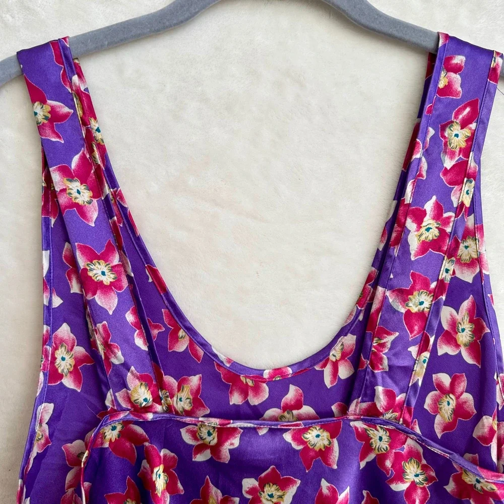 Vintage Go‎ Softly Purple Floral Slip Dress Nightgown Women L Large Satin Mini